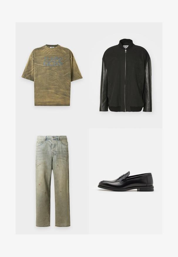 Black bomber jacket featuring cotton body, leather sleeves, a front zipper, and a chest pocket with subtle pattern detailing.; Olive green short-sleeve t-shirt with a round neckline, featuring "TI AMO GCDS" in bold blue text on the front, smooth cotton texture.; Distressed denim jeans in light green, featuring a straight leg, five-pocket design, and uneven fading with paint splatters.; Black leather loafers with a smooth texture, rounded toe, and a decorative strap across the vamp. Low stacked heel, minimalist design.