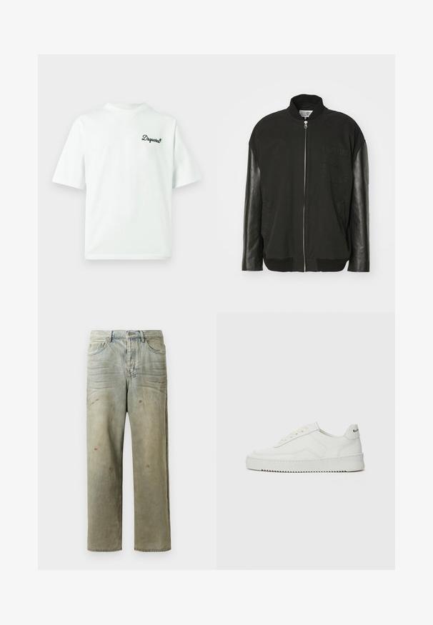 Schwarze Bomberjacke mit Baumwollkörper, Lederärmeln, einem Frontreißverschluss und einer Brusttasche mit dezenten Musterdetails.; Weißes T-Shirt mit kurzen Ärmeln, Rundhalsausschnitt und kleinem, dunkelgrünem Sticklogo auf der linken Brust. Aus Baumwollmaterial.; Distressed Denim-Jeans in Hellgrün, mit geradem Bein, Fünf-Taschen-Design und ungleichmäßiger Ausbleichung sowie Farbspritzern.; Weiße Ledersneaker mit glatter Oberfläche, runder Zehenpartie, flachen Schnürsenkeln und strukturiertem Sohlenprofil. Mit einem dezenten Logo an der Ferse.