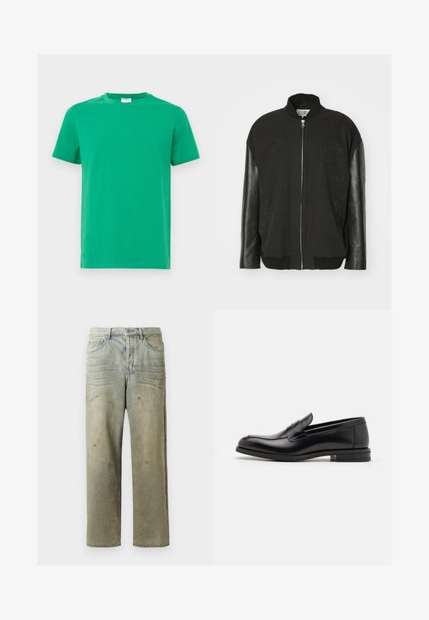 Czarna kurtka bomberka z bawełnianym korpusem, skórzanymi rękawami, zamkiem błyskawicznym z przodu oraz kieszonką na piersi z subtelnym wzorem.; Zielona bawełniana koszulka z krótkim rękawem, okrągłym dekoltem i gładką fakturą. Prosty design bez wzorów czy ozdób.; Zniszczone dżinsy w jasnym zielonym kolorze, z prostymi nogawkami, pięcioma kieszeniami oraz nierównomiernym blaknięciem i plamami farby.; Czarne skórzane mokasyny o gładkiej fakturze, zaokrąglonym nosku i dekoracyjnym pasku na przodzie. Niski, warstwowy obcas, minimalistyczny design.