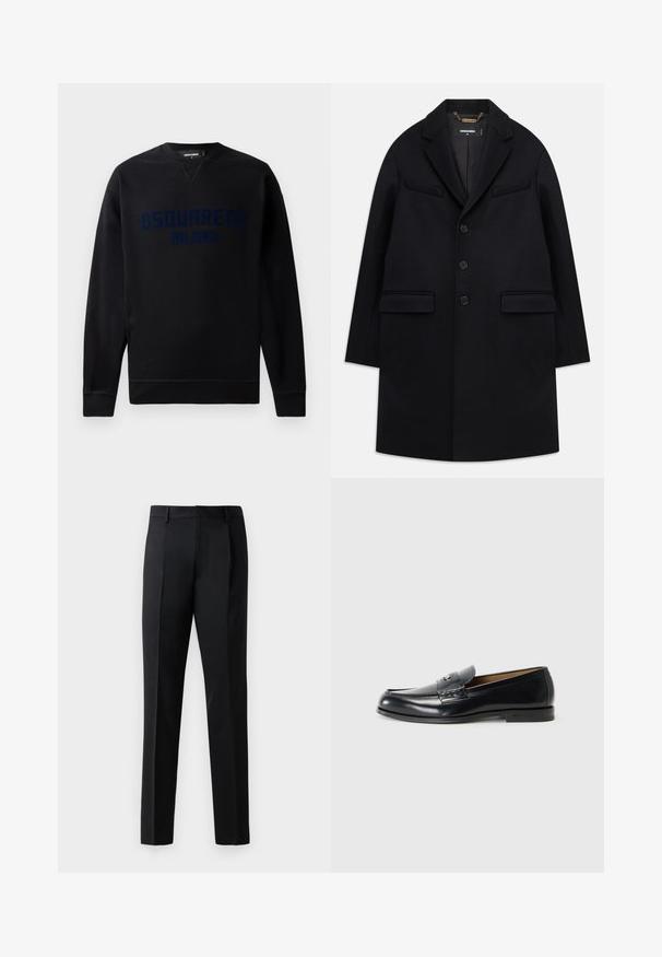 Crni kaput od vune s izrezanim reverom, jednostruko zakopčavanje, tri gumba, dva prednja džepa i minimalistički estetika.; Crna dukserica s okruglim izrezom i dugim rukavima. Na prednjoj strani prikazan je istaknuti grafički natpis "DSQUARED2 MILANO" u tamnoplavoj boji. Meko na dodir.; Crne formalne hlače izrađene od glatkog materijala, s ravnim krojem, prednjim nabranjima i standardnim pojasom bez ukrasa.; Crne kožne mokasine s glatkom površinom, okruglim vrhom, dekorativnim šavovima i malim metalnim akcentom na prednjem dijelu.