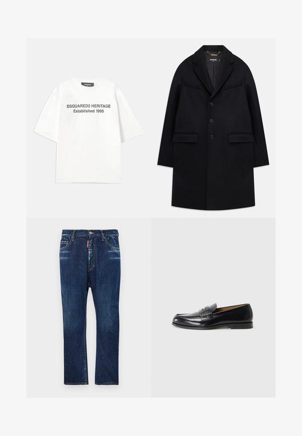 Manteau en laine noir avec revers cranté, conception à un bouton, trois boutons, deux poches avant et esthétique minimaliste.; Dsquared2 T-shirt imprimé - white; Jean en denim bleu foncé avec une coupe droite, présentant un léger délavage, des coutures jaunes, des poches avant et une fermeture à bouton.; Mocassins en cuir noirs avec une finition lisse, bout arrondi, couture décorative et un petit accent métallique à l'avant.