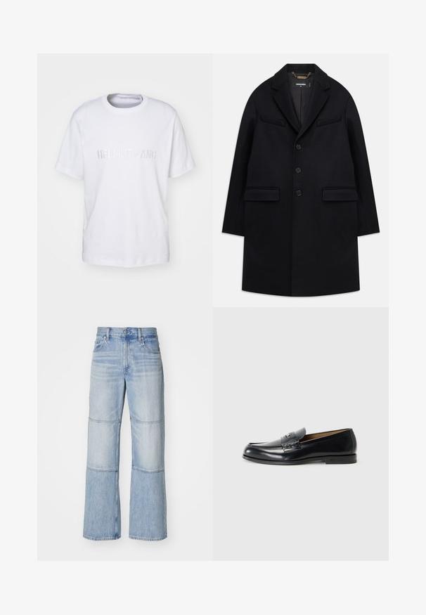 Black wool coat with a notch lapel, single-breasted design, three buttons, two front pockets, and minimalist aesthetic.; Helmut Lang LOGO TEE - Print T-shirt - white; Light blue denim trousers with a wide-leg design, featuring contrasting panels and visible stitching. High-waisted with a button closure.; Leather loafers in black with a smooth finish, rounded toe, decorative stitching, and a small metal accent on the front.