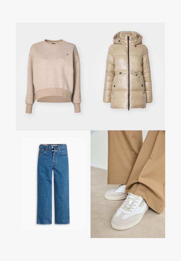 Beżowa pikowana kurtka o błyszczącej powierzchni, z kapturem, zamkiem z przodu, regulowanym pasem i dwiema bocznymi kieszeniami z czarnymi zapięciami.; Beżowa bluza z miękkiego materiału, z okrągłym dekoltem, opadającymi ramionami oraz ściągaczami na rękawach, z subtelnym logo na piersi.; Niebieskie dżinsy o prostym kroju i wysokim stanie, z pięcioma kieszeniami i zapięciem na guziki. Widoczne szwy i miedziowane nity.; Białe trampki z zamszowymi akcentami, teksturowanym sznurowaniem i gumową podeszwą. W połączeniu z luźnymi brązowymi spodniami. Logo umieszczone z boku.