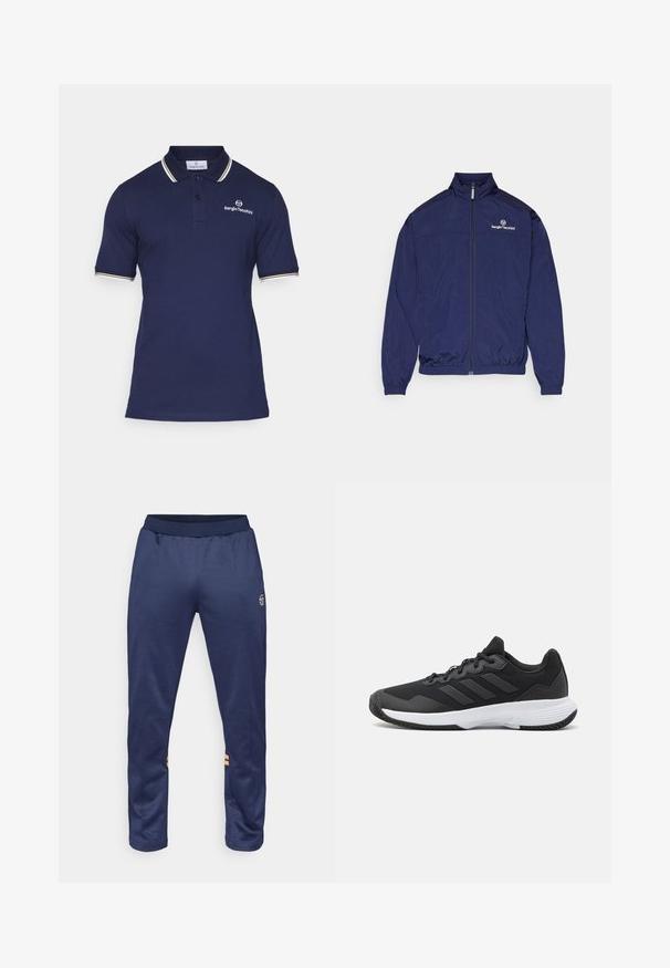 Navy blue lightweight jacket made of smooth fabric, featuring a high collar, zippered front, elastic cuffs, and the Sergio Tacchini logo.; Navy blue polo shirt made of cotton, featuring a two-button placket, short sleeves with yellow and white striped accents, and logo embroidery.; Navy blue athletic pants with an elastic waistband, two side stripes in orange on the lower legs, and a logo on the upper right leg.; Black athletic shoe featuring a textured upper, three horizontal stripes, and a white sole with a patterned tread. Lightweight and streamlined design.