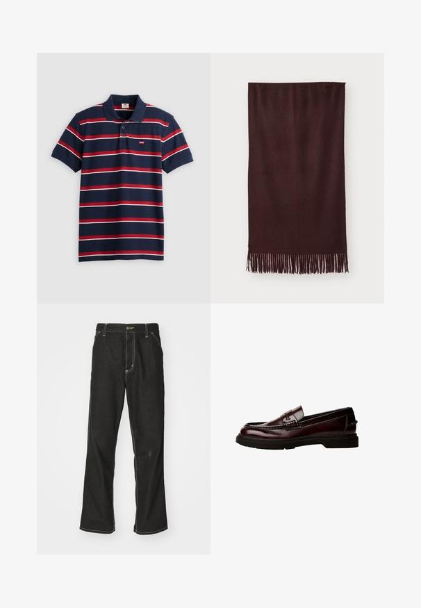 Zwarte jas met een crèmekleurige nepbont kraag, drukknoopsluiting aan de voorkant, zijzakken en een trekkoord onderaan. Etiket aan de linkerbenedenkant.; Navyblauwe polo met rode en witte horizontale strepen, drie knopen aan de voorkant en klein Levi's-logo op de borst. Zacht katoen materiaal.; Zwarte denim jeans met een losse pasvorm, voorzien van contrasterende witte stiksels, een knoopsluiting en een recht ontwerp.; Bruine leren loafers met een ronde neus, gedetailleerde stiksels en een rubberen zool. Voorzien van een decoratieve band, gladde textuur.; Bordeaux sjaal van zacht stof, met een gladde textuur en lange franjes aan de onderkant voor extra detail. Rechthoekige vorm, hangt plat.