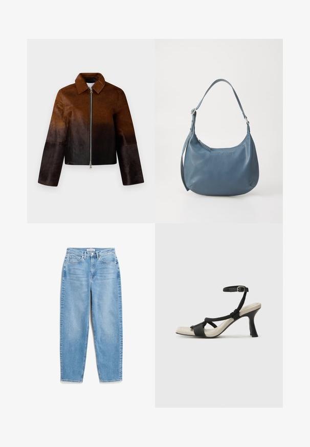 Chaqueta de cuero marrón con un degradado de claro a oscuro, cierre de cremallera, cuello en punta y diseño cropped con mangas anchas.; Suéter azul marino hecho de un suave tejido de punto, presenta un cuello redondo, detalles acanalados en los hombros y puños ajustados. Diseño de longitud corta.; Jeans de mezclilla azul claro con un diseño de pierna recta, cinco bolsillos y un ligero desvanecimiento en la parte frontal. Presenta un cierre de botón clásico en la cintura.; Sanda¡ía de tacón negro con diseño de tira trenzada, punta cuadrada y correa ajustable en el tobillo. Plantilla de color beige claro con un tacón negro brillante.; Bolso de piel azul con forma redondeada, correa de hombro única, cierre de cremallera y nombre de la marca en relieve en la parte frontal. Textura suave.