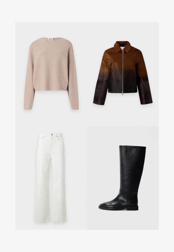 Brown leather jacket featuring a gradient from light to dark, zip closure, pointed collar, and cropped design with wide sleeves.; Beige cropped sweater with long sleeves, made of ribbed texture fabric, featuring a wide neckline and subtle stitching details.; Samsøe Samsøe SHELLY - Relaxed fit jeans - clear cream; Black leather knee-high boot with a rounded toe, smooth texture, minimalistic design, and a flat sole. Simple seam details on the shaft.