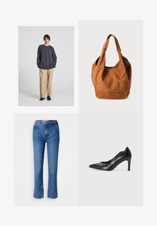 Hnědá kožená bunda s přechodem od světlé po tmavou, zapínání na zip, špičatý límec a zkrácený střih s širokými rukávy.; Šedý svetr s volným střihem a žebrovaným lemem, doplněný béžovými kalhotami s ohrnutými nohavicemi a černými botami. Hladká textura, minimalistický design.; Modré džíny z denimové látky se střihy rovného nohavice, klasickým pěti kapsovým designem, oranžovým švem a zapínáním na knoflíky.; Černý lodiček na vysokém podpatku s špičatou špičkou, vyrobený z texturovaného materiálu s jemným vzorem vypadajícím jako hadí kůže. Pevný podpatek pro podporu.; Hnědá semišová kabelka přes rameno s jemnou texturou, zakřiveným tvarem a dvěma držadly. Má minimalistický design bez viditelného kování nebo akcentů.