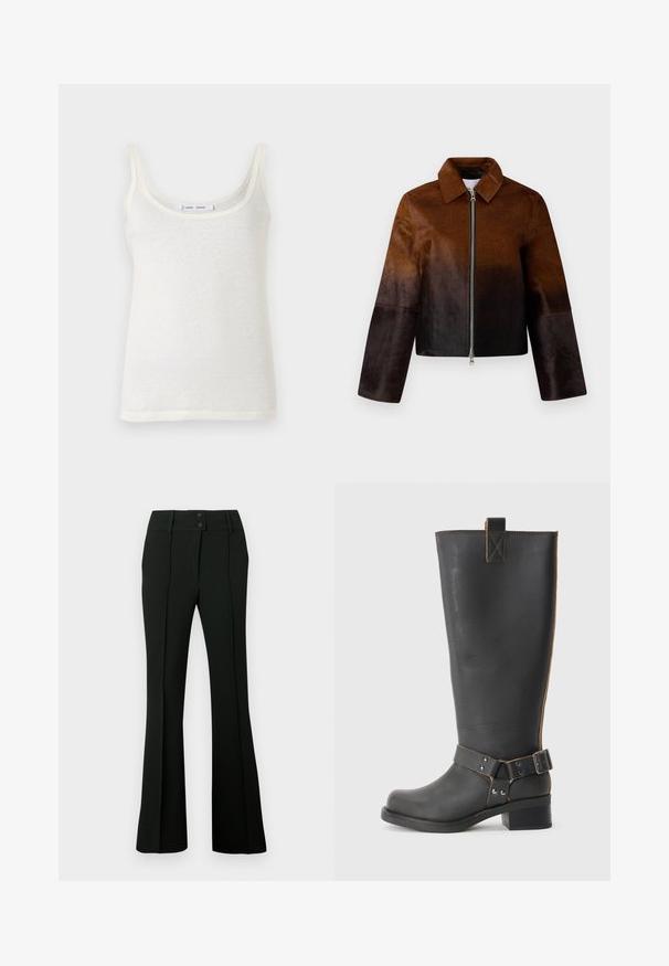 Ruskea nahkajakku, jossa on vaalea- ja tummanruskea gradientti, vetoketjukiinnitys, terävä kaulus sekä lyhyt malli leveillä hihoilla.; Valkoinen puuvillainen toppi ohuilla olkaimilla, jossa on pyöreä pääntie ja hieman läpikuultava rakenne. Helma on suora ilman lisäkoristeita.; Musta levenevät housut, joissa on sileä kangas, korkea vyötärö, jossa on kaksi nappia, sekä etutaskut, jotka antavat räätälöidyn ilmeen.; Musta nahkainen polvisaumaboot, jossa on teksturoitu pinta, sivussa solkiyksityiskohta ja matala korko. Yksityiskohtainen ommel saumoissa.