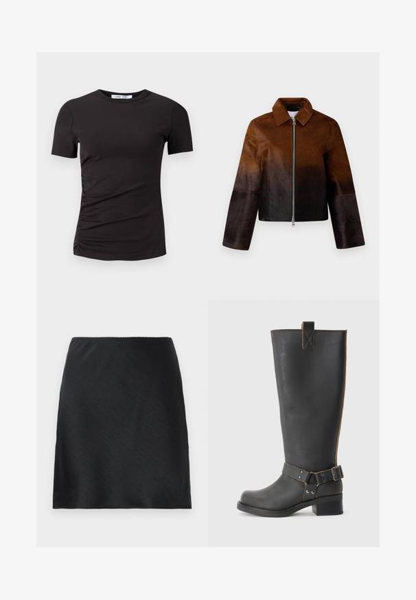 Barna bőrkabát, amely világosból sötétbe átmenetet mutat, cipzáros zárással, hegyes gallérral és rövidített, széles ujjú kialakítással rendelkezik.; Fekete, rövid ujjú póló, puha anyagból készült, kerek nyakkivágással és bal oldalon ráncolt részletekkel a diszkrét textúra érdekében.; Fekete selyem mini szoknya sima textúrával és egyenes szegéllyel, egy sima fehér háttér előtt bemutatva.; Fekete bőr, térd fölé érő csizma texturált felülettel, oldalán csat díszítéssel és alacsony sarokkal. Részletes varrások a varrások mentén.