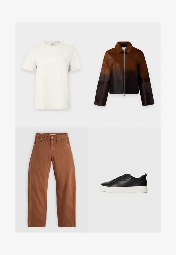 Pruun nahkjakk, millel on kerge kuni tumeda gradient, tõmblukuga lukustus, terav krae ja lühike lõige ning laiad varrukad.; Helebeežist puuvillane T-särk ümmarguse kaelusega, lühikeste varrukatega ja tavalisest lõikega. Sile tekstuur ja minimalistlik disain ilma mustrite või aktsentideta.; Rostpruun sirged püksid ees- ja taga-taskutega, metallist nurgad, nööbiga sulgemine ja vööloopidega, lamades tasaseks valgel taustal.; Mustad mustad nahast tossud mustade paeltega ja valge paksu kummitaldaga, vaadatuna välimisest küljest valgel taustal.