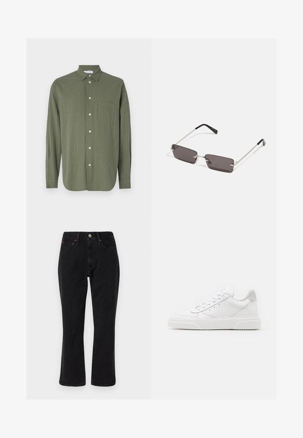 Giubbotto puffo marrone con colletto alto, zip frontale e due tasche laterali. Presenta un design trapuntato e una texture liscia e lucida.; Camicia a maniche lunghe di colore verde oliva, tessuto testurizzato, chiusura frontale con bottoni, taschino sul petto e colletto classico.; Jeans in denim nero con una vestibilità a gamba dritta, stile a cinque tasche e accessori in metallo con dettagli in rame. Texture liscia e vita media.; Sneaker bianche in pelle con finitura liscia, punta arrotondata, lacci piatti e suola texturizzata. Accento in suede grigio sul tallone.; Occhiali da sole con lenti rettangolari di colore grigio scuro, montatura in metallo argentato e punte nere in plastica sulle asticelle. Design leggero con cuscinetti per il naso.