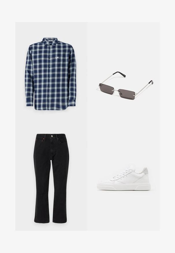 Jachetă puf din brun cu guler înalt, fermoar frontal și două buzunare laterale. Prezintă un design matlasat și o textură netedă, lucioasă.; Cămașă cu carouri albastre și albe, din material din bumbac, cu mâneci lungi, având un mic etichetă logo pe pieptul stâng. Design clasic al gulerului.; Jeans din denim negru cu un design drept al piciorului, stil cu cinci buzunare și accesorii metalice cu accente de cupru. Textură netedă și talie medie.; Adidași din piele albă cu un finisaj neted, vârf rotunjit, șireturi plate și o talpă texturată. Accente din piele întoarsă gri la călcâi.; Ochelari de soare cu lentile dreptunghiulare, gri închis, rame din metal argintiu și vârfuri din plastic negru pe brațe. Design ușor, cu pad-uri pentru nas.