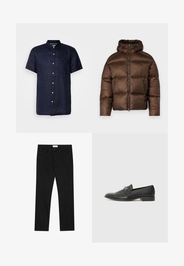 Brun pufferjakke med høj krave, frontlynlås og to sidelommer. Har quiltet design og en glat, skinnende tekstur.; Kortærmet marineblå linnedskjorte med skjortekrave, lomme foran og hvide knapper. Den har et struktureret stof og lige kant.; Sorte lige ben jeans med fem-lomme design, knap- og lynlåslukning samt et Pier One mærkeetiket på taljen.; Sorte læder loafers med en glat finish, der har et syet design og et dekorativt metal kædeaccent hen over vamps. Flad hæl.