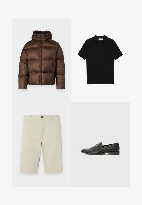 Brown puffer jacket with a high collar, front zipper, and two side pockets. Features quilted design and a smooth, shiny texture.; Black short-sleeve polo shirt with a textured, ribbed fabric, featuring a v-neckline and a straight hem. No visible logos or patterns.; Beige shorts made of lightweight cotton blend, featuring a flat front, belt loops, button closure, and knee-length hem.; Black leather loafer with a smooth finish, featuring a stitched design and a decorative metal chain accent across the vamp. Flat heel.