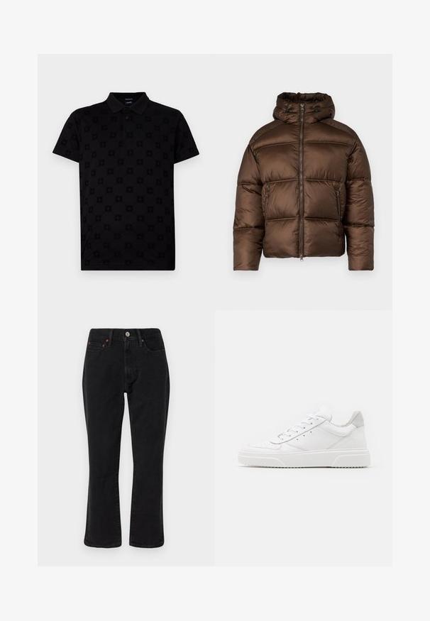Pruun puffjakke kõrge kraega, ees luku ja kahe küljetaskuga. Omab tikkimise disaini ja siledat, läikivat tekstuuri.; Must värviline polo särk, mis on valmistatud pehmest kangast, millel on tekstuuriga ringikujuliste motiivide muster ja klassikaline krae kolme nööbiga.; Mustad mustrid teksased, klassikalise sirge jalgade lõikega, viie taskuga stiilis ning metallist detailidega, millel on vasest aktsendid. Sile tekstuur ja keskmine tõus.; Valged nahast spordijalatsid siledast nahast viimistlusega, ümarate varvastega, lamekestega ja tekstuuriga tallaga. Hall suede aktsent kanna juures.