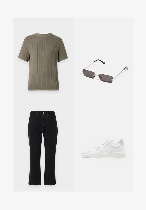 Brun pufferjakke med høj krave, frontlynlås og to sidelommer. Har quiltet design og en glat, skinnende tekstur.; Olivengrøn kortærmet strikket T-shirt med ribbet tekstur, rund halsudskæring og lige kant. Har jævnt placerede lodrette striber.; Sorte denim jeans med lige ben, fem lomme-design og metalhardware med kobberdetaljer. Glat tekstur og mellem høj midt.; Hvide lædersneakers med en glat finish, rund tå, flade snørebånd og en struktureret sål. Grå ruskindsdetalje ved hælen.; Solbriller med rektangulære, mørke grå linser, sølv metalrammer og sorte plastiks spidser på stængerne. Letvægtsdesign med næsepuder.