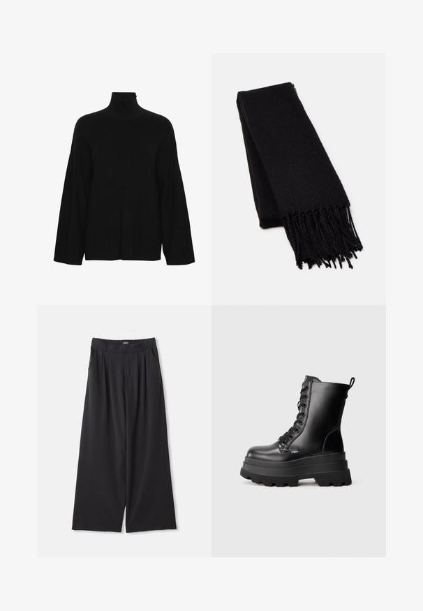 Črn usnjen plašč z dvojnim zapenjanjem, zareznimi ovratniki, sprednjimi žepi in gladko teksturo. Polne dolžine s pravim silhueto.; Črn pulover z visokim ovratnikom iz rebraste pletenine. Ima dolge široke rokave in ohlapen kroj.; Črna dolgorolna prozorna čipkasta majica z cvetličnim vzorcem in visokim ovratnikom, ki ima majhen valovit rob.; Črne široke hlače s plisami, zankami za pas in stranskimi žepi, položene na belo ozadje.; Črne čipkaste gležnjarje z debelim platformastim podplatom, gladko usnjeno površino in zanko za obuvanje. Imajo osem lukenj za vezanje in teksturiran podplat.; Črn šal, izdelan iz mehkega, teksturiranega blaga. Ima razmršene robove in pravokotno obliko, primeren za ovijanje okoli vratu.