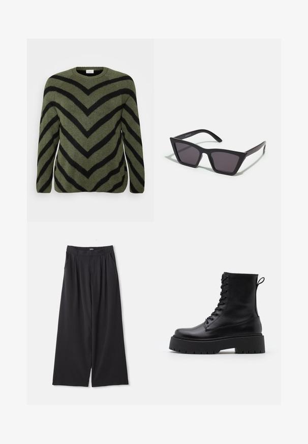 Geacă din piele neagră cu design cu două rânduri de nasturi, rever cu colțuri, buzunare frontale și o textură fină. De lungime întreagă, cu o siluetă dreaptă.; Pulover verde cu dungi în formă de V negre. Decolteu rotund, mâneci lungi și textură moale. Fustă dreaptă cu slituri ușoare pe laterale.; Bluză lungă cu mâneci din dantelă transparentă de culoare neagră, cu model floral și guler înalt, decorată cu o mică dantelă.; Pantaloni negri cu pantaloni largi, cu pliuri, bucle pentru curea și buzunare laterale, așezați pe un fundal alb.; Botine din piele neagră, până la gleznă, cu vârful rotund, șireturi în față și o talpă groasă din cauciuc cu un model texturat. Fâșie de tragere la spate.; Ochelari de soare negri, unghiulari, cu lentile gri; fabricați din plastic, având brațe groase cu o suprafață netedă și fără hardware vizibil.; Fular negru dintr-un material moale, texturat. Are margini desfăcute și o formă rectangulară, fiind potrivit pentru a fi purtat la gât.