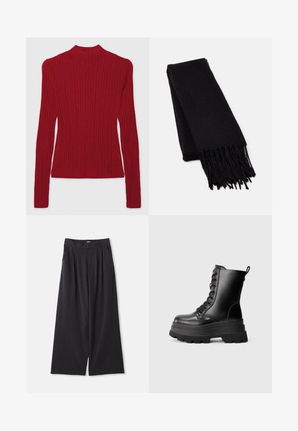 Sort læderfrakke med dobbelt-knappet design, Nashville krave, for-lommer og en glat tekstur. Hel længde med en lige silhuet.; GAP GAP X CULT GAIA SHEER MCKNCK TOP - Striktrøje - sled; Sorte bredbenede bukser med folder, bæltestropper og sidelommer, lagt fladt på en hvid baggrund.; Sorte snørebånds ankelstøvler med en kraftig platformsål, glat læderoverflade og en hælrem. Har otte snørehuller og tekstureret sål.; Sort tørklæde lavet af et blødt, tekstureret stof. Har frynsede kanter og en rektangulær form, der er velegnet til at drape omkring halsen.