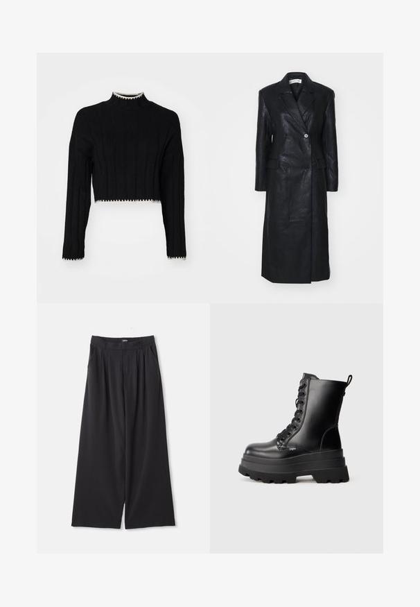 Geacă din piele neagră cu design cu două rânduri de nasturi, rever cu colțuri, buzunare frontale și o textură fină. De lungime întreagă, cu o siluetă dreaptă.; Pulover scurt negru cu textură în dungi, guler înalt, mâneci lungi și margine și mansete cu contrast alb.; Pantaloni negri cu pantaloni largi, cu pliuri, bucle pentru curea și buzunare laterale, așezați pe un fundal alb.; Botine negre cu șireturi, cu talpă groasă, finisaj din piele netedă și manșetă pentru a fi ușor de încălțat. Au opt gauri pentru șireturi și talpă texturată.