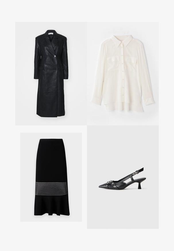 Geacă din piele neagră cu design cu două rânduri de nasturi, rever cu colțuri, buzunare frontale și o textură fină. De lungime întreagă, cu o siluetă dreaptă.; Cămașă albă cu nasturi, confecționată dintr-un material ușor. Prezintă un guler clasic, două buzunare pe piept și o margine din spate puțin mai lungă.; Fusta tip creion tricotată, cu nervuri negre, având un tiv evazat și o secțiune medie cu decupaje circulare argintii. Textură netedă, design ajustat.; Pantofii slingback din piele neagră, cu vârful ascuțit, curele decorative cu ochiuri din metal și toc bloc mic. Suprafață texturată.