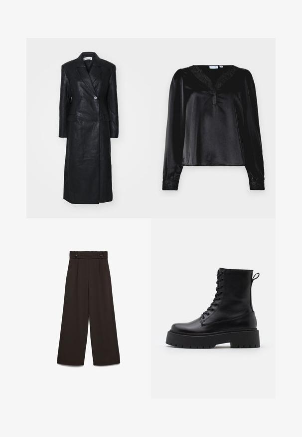 Svart läderjacka med dubbelknäppt design, noterade slag, framfickor och en mjuk textur. Hel längd med en rak silhuett.; Svart satinblus med lång ärm, spetsdetaljer vid halsringningen och broderade accenter vid manschetterna. Slät textur, strukturerad passform.; Vida byxor i mörkbrunt tyg med hög midja, två framfickor och två framknappar för stängning. Slät textur.; Svarta läderankelboots med rund tå, snörning framtill och en tjock gummisula med strukturerat mönster. Dragflik bak.