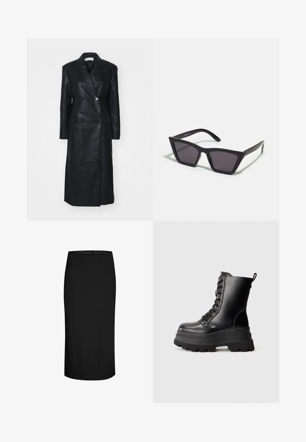 Zwarte leren jas met een dubbele knopenontwerp, ingerichte revers, voorkleurzakken en een soepele textuur. Volledige lengte met een rechte silhouet.; Zwart langslievend doorzichtig kant top met bloemenpatroon en een hoge halslijn met een kleine ruffle afwerking.; Zwarte kokerrok van een gladde stof, met een getailleerd ontwerp, knielange snit en een asymmetrische naaddetail aan één kant.; Zwarte veterschoenen tot de enkels met een stevige zool, glad leren afwerking en aanhaalklep. Bevat acht oogjes en een getextureerde zool.; Zwarte, hoekige zonnebril met grijze lenzen; gemaakt van plastic, met dikke armen met een gladde oppervlakte en zonder zichtbare hardware.; Zwarte sjaal van een zacht, textuurstof. Heeft een rafelige rand en een rechthoekige vorm, geschikt om om de nek te draperen.