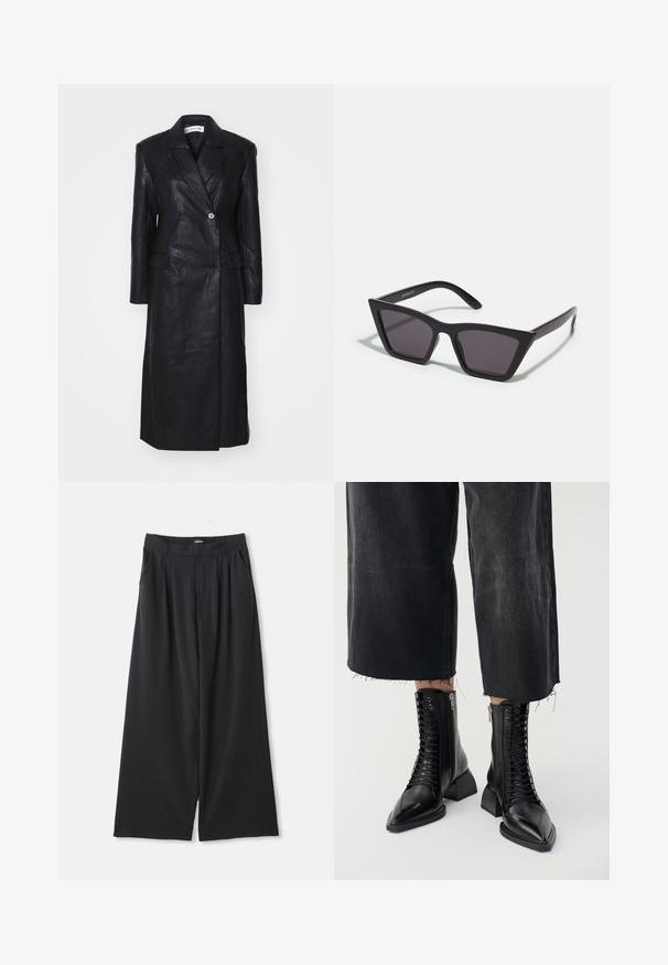 Cappotto in pelle nera con design doppiopetto, rever a punta, tasche frontali e una consistenza liscia. A lunghezza intera con silhouette dritta.; Top trasparente in pizzo nero a maniche lunghe con motivo floreale e un collo alto caratterizzato da un piccolo bordo arricciato.; Pantaloni neri a gamba larga con pieghe, passanti per cintura e tasche laterali, stesi su uno sfondo bianco.; Stivali alla caviglia in pelle nera con punta appuntita, lacci sul davanti, zip laterali e tacco spesso, abbinati a pantaloni in denim neri taglio cropped.; Occhiali da sole neri e angolari con lenti grigie; realizzati in plastica, con aste spesse dalla superficie liscia e senza hardware visibile.; Sciarpa nera realizzata in un morbido tessuto testurizzato. Presenta bordi sfilacciati e una forma rettangolare, adatta da avvolgere attorno al collo.