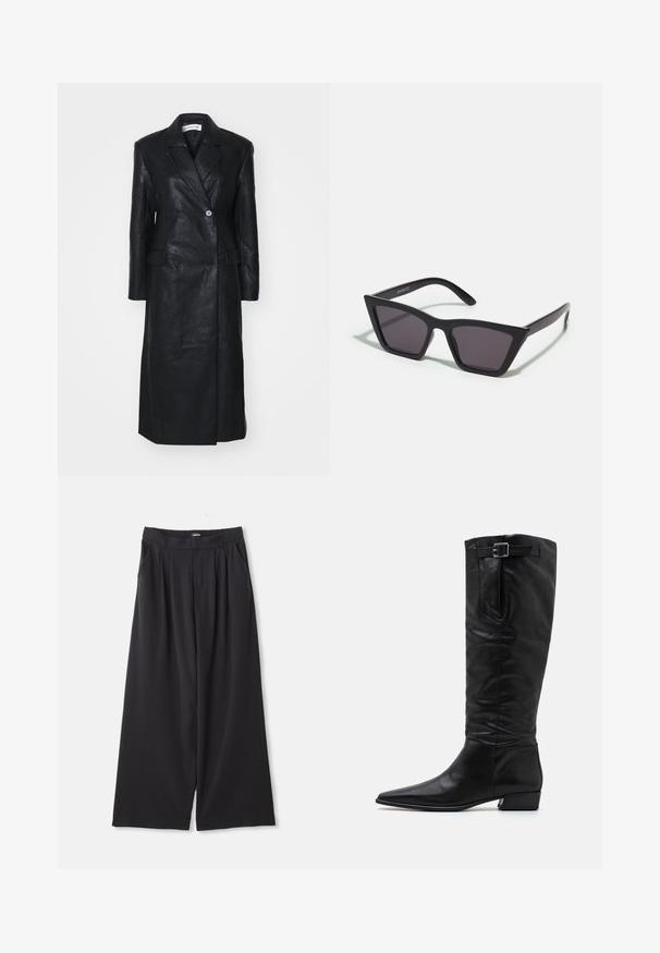 Black leather coat with double-breasted design, notched lapels, front pockets, and a smooth texture. Full-length with a straight silhouette.; Black long-sleeve sheer lace top with floral pattern and a high neckline featuring a small ruffle trim.; Black wide-leg trousers with pleats, belt loops, and side pockets, laid flat on a white background.; Black leather knee-high boots with a pointed toe, flat heel, and a side buckle detail. Smooth texture with a streamlined design.; Black, angular sunglasses with gray lenses; made of plastic, featuring thick arms with a smooth surface and no visible hardware.; Black scarf made of a soft, textured fabric. Features frayed edges and a rectangular shape, suitable for draping around the neck.