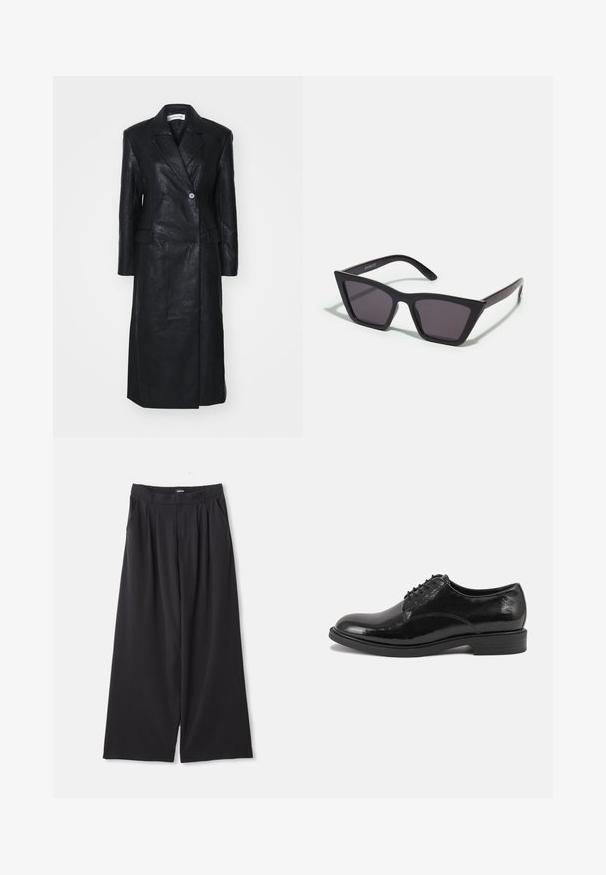 Mustat nahkatakki, jossa on kaksirivinen malli, viistot läpät, etutaskut ja sileä pinta. Täyspitkä ja suora siluetti.; Mustassa pitkähihainen läpinäkyvä pitsipusero, jossa on kukkakuosi ja korkea kaula-aukko, jossa on pieni röyhelöreunus.; Musta leveälahkeinen housu pleiteillä, vyölenkeillä ja sivutaskuilla, aseteltuna tasaisesti valkoista taustaa vasten.; Musta nahkakengät kiiltävällä pinnalla, pyöreällä kärjellä ja nauhoilla. Varustettu matalalla pinteellä ja hienovaraisilla ompelusyksityiskohdilla.; Mustat, kulmikkaat aurinkolasit harmailla linsseillä; valmistettu muovista, paksuilla varsilla, joissa on sileä pinta ja ilman näkyvää metalliosaa.; Mustapaita, joka on valmistettu pehmeästä, teksturoidusta kankaasta. Siinä on risat reunat ja suorakaiteen muotoinen, sopii kaulaan kieputettavaksi.