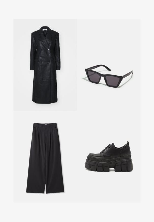Melna ādas jaka ar dubulto pogu dizainu, ar iegrieztiem atloka galiem, priekšējām kabatām un gludu tekstūru. Pilna garuma ar taisnu siluetu.; Melna garām piedurknēm caurspīdīga mežģīņu blūze ar ziedu rakstu un augstu kakla izgriezumu, kas rotāta ar nelielu kroku apdari.; Melnas plati kāju bikses ar piegriezumu, jostu cilpām un sānu kabatām, izklātas uz baltā fona.; Melnas platformas sporta apavus ar gludu ādas virsu, šņorēšanas aizdari, biezu gumijas zoli un zīmola detaļu sānos.; Melni, stūrveida saulesbrilles ar pelēkiem objektīviem; izgatavotas no plastmasas, ar biezām kājām, kam ir gluda virsma un nav redzamu stiprinājumu.; Melnā šalle, kas izgatavota no mīkstas, strukturētas auduma. Iezīmē frēzētas malas un taisnstūra formu, kas ir piemērota apvīt ap kaklu.
