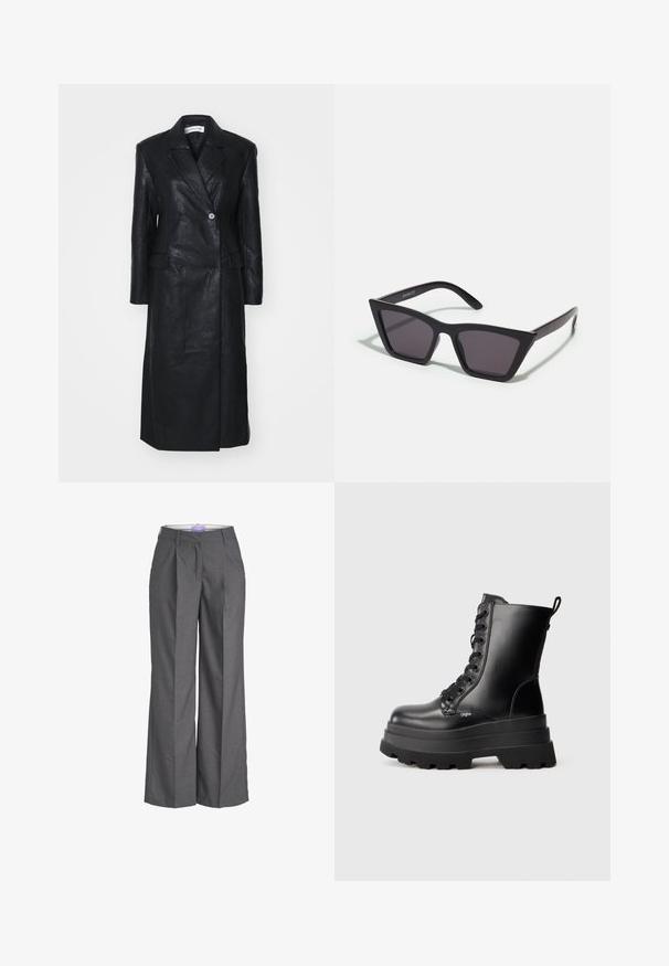 Sort læderfrakke med dobbelt-knappet design, Nashville krave, for-lommer og en glat tekstur. Hel længde med en lige silhuet.; Sort langærmet gennemsigtig bluse i blonde med blomstertryk og høj halsudskæring med en lille flæsekant.; Grå brede benbukser lavet af et tekstureret stof, med flad front og pyntede folder samt en standard livvidde, ideelle til formelt tøj.; Sorte snørebånds ankelstøvler med en kraftig platformsål, glat læderoverflade og en hælrem. Har otte snørehuller og tekstureret sål.; Sorte, kantede solbriller med grå linser; lavet af plast, med tykke stænger med en glat overflade og ingen synlig hardware.; Sort tørklæde lavet af et blødt, tekstureret stof. Har frynsede kanter og en rektangulær form, der er velegnet til at drape omkring halsen.