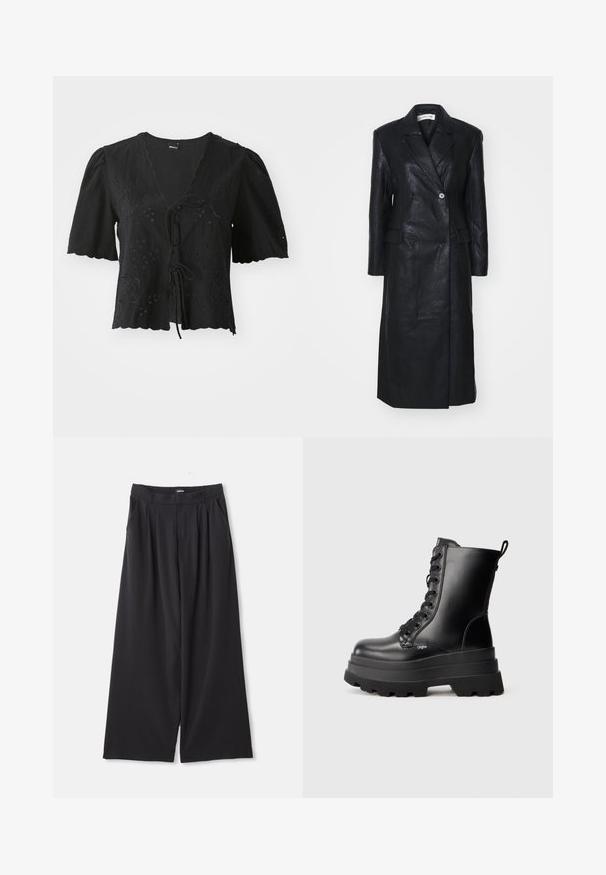 Casaco preto de couro com design de duplo fechamento, lapelas notched, bolsos frontais e textura suave. Comprimento total com silhueta reta.; Blusa preta de manga curta, feita de um tecido leve, com bordado floral, decote em V e fecho de laço na frente. Barra com acabamento em ondas.; Calças largas pretas com pregas, passantes para cinto e bolsos laterais, dispostas sobre um fundo branco.; Botas de tornozelo pretas com atacadores, com sola de plataforma grossa, acabamento em couro liso e alça de puxar. Possui oito ilhós e sola texturizada.