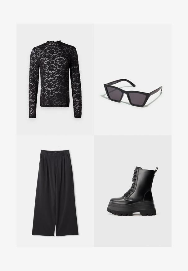 Schwarze Lederjacke mit doppeltreihigem Design, Reverskragen, Fronttaschen und einer glatten Textur. Vollständig in Länge und mit gerader Silhouette.; Schwarzes, langärmliges, transparentes Spitzenoberteil mit floralem Muster und einem hohen Kragen, der mit einem kleinen Rüschensaum verziert ist.; Schwarze weite Hosen mit Falten, Gürtelschlaufen und Seitentaschen, flach auf einem weißen Hintergrund ausgelegt.; Schwarze Schnürstiefeletten mit einer massiven Plateausohle, glattem Lederfinish und Zuglasche. Verfügt über acht Ösen und eine strukturierte Sohle.; Schwarze, eckige Sonnenbrille mit grauen Gläsern; aus Kunststoff gefertigt, mit dicken Bügeln, die eine glatte Oberfläche und keine sichtbaren Beschläge haben.; Schwarzer Schal aus weichem, strukturiertem Stoff. Hat fransige Ränder und eine rechteckige Form, ideal zum Drapieren um den Hals.