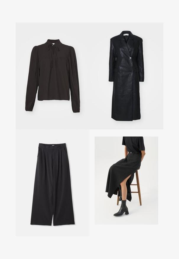 Čierny kožený kabát s dvojradovým zapínaním, strihanými klopami, prednými vreckami a hladkou textúrou. Dlhý po celú dĺžku s rovnou siluetou.; Čierna blúzka s dlhými rukávmi a vysokým golierom, predným otvorom a viazaním. Vyrobená z textúrovanej tkaniny s mierne nariasenými rukávmi.; Čierne široké nohavice s pukmi, pútkami na opasok a bočnými vreckami, ležiace na bielom pozadí.; Čierna ľanová maxi sukňa s vysokým rozparkom, nosená s čiernym tričkom a čiernymi členkovými čižmami. Minimalistický dizajn s voľným strihom.