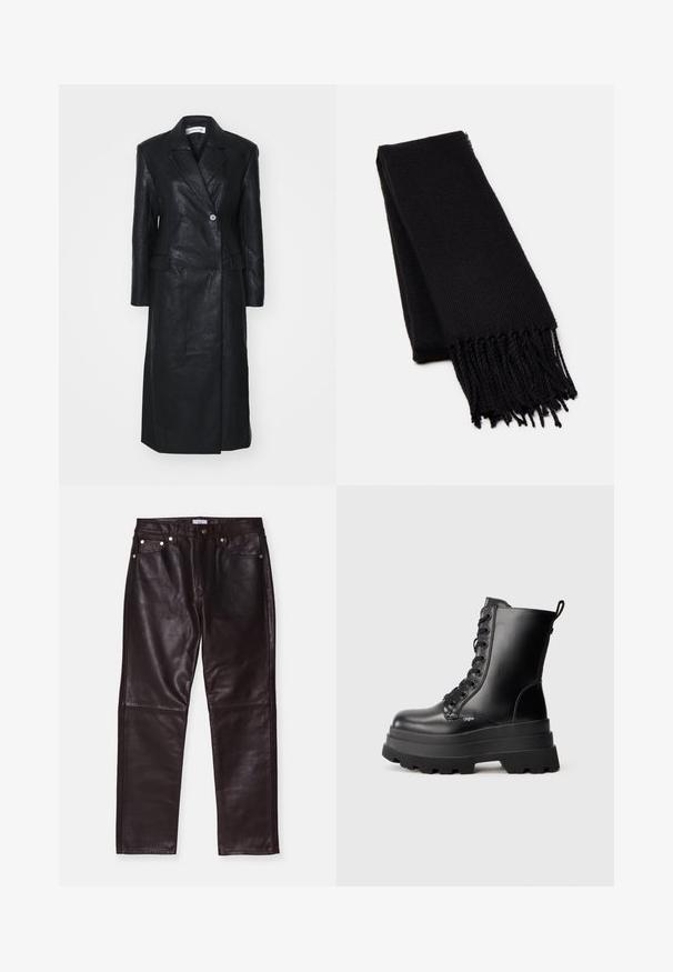 Zwarte leren jas met een dubbele knopenontwerp, ingerichte revers, voorkleurzakken en een soepele textuur. Volledige lengte met een rechte silhouet.; Zwarte turtleneck met lange mouwen, gemaakt van ribbelstof, heeft een aansluitend ontwerp met een hoge hals en geen patronen of accenten.; Bruine leren broek met een gladde textuur, voorzien van vier zakken, een rits en metalen accenten. Op maat gemaakte rechte pijpen.; Zwarte veterschoenen tot de enkels met een stevige zool, glad leren afwerking en aanhaalklep. Bevat acht oogjes en een getextureerde zool.; Zwarte sjaal van een zacht, textuurstof. Heeft een rafelige rand en een rechthoekige vorm, geschikt om om de nek te draperen.