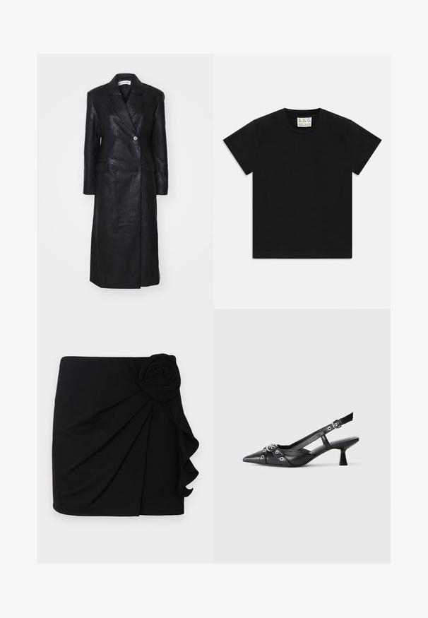 Mustat nahkatakki, jossa on kaksirivinen malli, viistot läpät, etutaskut ja sileä pinta. Täyspitkä ja suora siluetti.; Musta lyhythihainen pyöreäkauluksinen t-paita, jonka sisäkauluksessa on valkoinen etiketti, jossa lukee "D.R.C. EST. 2002" valkoista taustaa vasten.; Musta minihame, joka on valmistettu pehmeästä kankaasta ja jossa on pleatattu muotoilu. Sivussa on kangasruusuaksentti ja röyhelöhelma.; Mustat nahkakengät, joissa on avonainen takaosa ja kärjessä terävä muoto, koristevyöt, joissa on metalliset reiät, sekä matala lohkoepohja. Teksturoitu pinta.