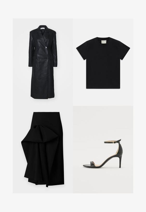 Black leather coat with double-breasted design, notched lapels, front pockets, and a smooth texture. Full-length with a straight silhouette.; Black short-sleeve crew neck t-shirt with a white tag inside the collar labeled "D.R.C. EST. 2002" on a white background.; Black skirt made of smooth fabric, featuring an oversized draped design on one side, forming a high-low hemline.; Black leather high-heeled sandal with an ankle strap. Features a smooth texture, open toe, and a thin heel. Gold-toned buckle detail.