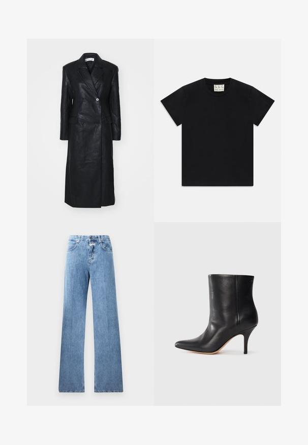 Casaco preto de couro com design de duplo fechamento, lapelas notched, bolsos frontais e textura suave. Comprimento total com silhueta reta.; Camiseta preta de manga curta com decote redondo e uma etiqueta branca dentro do colarinho rotulada "D.R.C. EST. 2002" sobre um fundo branco.; Jeans de denim azul claro com um design de perna larga, cinco bolsos, passadores de cinto e fecho de botão. O tecido tem uma textura suave.; Botim de tornozelo em pele preta com biqueira pontiaguda, salto fino em stiletto e textura suave. Design minimalista sem hardware ou detalhes visíveis.