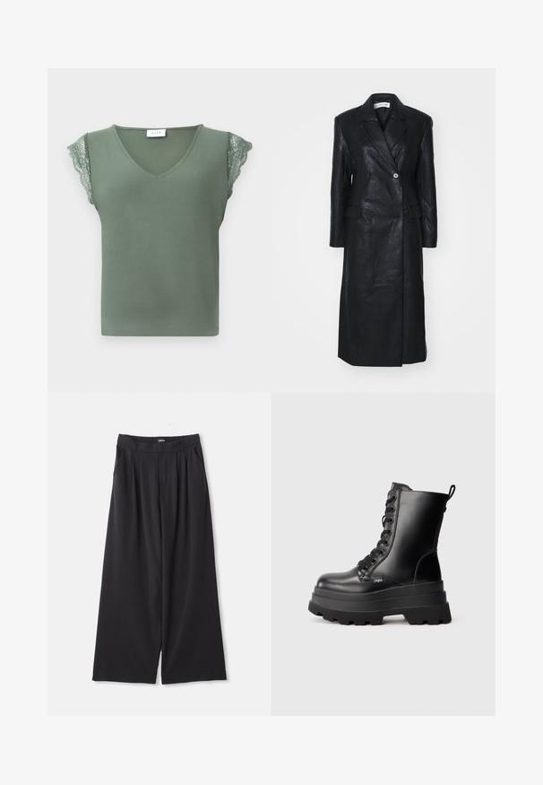 Czarny skórzany płaszcz o podwójnym zapięciu, z wyciętymi klapami, przednimi kieszeniami i gładką teksturą. Długość do pełnej długości z prostym krojem.; Zielony bezrękawnik z dekoltem w kształcie litery V, ozdobiony koronkowymi akcentami na ramionach i gładką powierzchnią. Metka widoczna przy dekolcie.; Czarne spodnie o szerokich nogawkach z zakładkami, z pętlami na pasek i bocznymi kieszeniami, rozłożone na białym tle.; Czarne botki za kostkę ze sznurowaniem, z grubą podeszwą, gładka skórzana powierzchnia i pętla do wciągania. Posiadają osiem otworów na sznurówki i teksturowaną podeszwę.