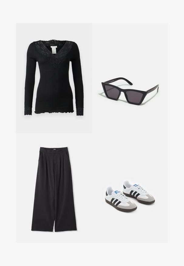 Geacă din piele neagră cu design cu două rânduri de nasturi, rever cu colțuri, buzunare frontale și o textură fină. De lungime întreagă, cu o siluetă dreaptă.; Top negru cu mânecă lungă, cu un textur ribat, având un guler din dantelă florală și accente din dantelă la manșete. Detaliu cu margine ondulată la partea de jos.; Bluză lungă cu mâneci din dantelă transparentă de culoare neagră, cu model floral și guler înalt, decorată cu o mică dantelă.; Pantaloni negri cu pantaloni largi, cu pliuri, bucle pentru curea și buzunare laterale, așezați pe un fundal alb.; Încălțăminte sport cu un superior din piele albă, vârf din suede gri și trei dungi negre. Prezintă un logo albastru pe limbă și o talpă din cauciuc texturat.; Ochelari de soare negri, unghiulari, cu lentile gri; fabricați din plastic, având brațe groase cu o suprafață netedă și fără hardware vizibil.; Fular negru dintr-un material moale, texturat. Are margini desfăcute și o formă rectangulară, fiind potrivit pentru a fi purtat la gât.