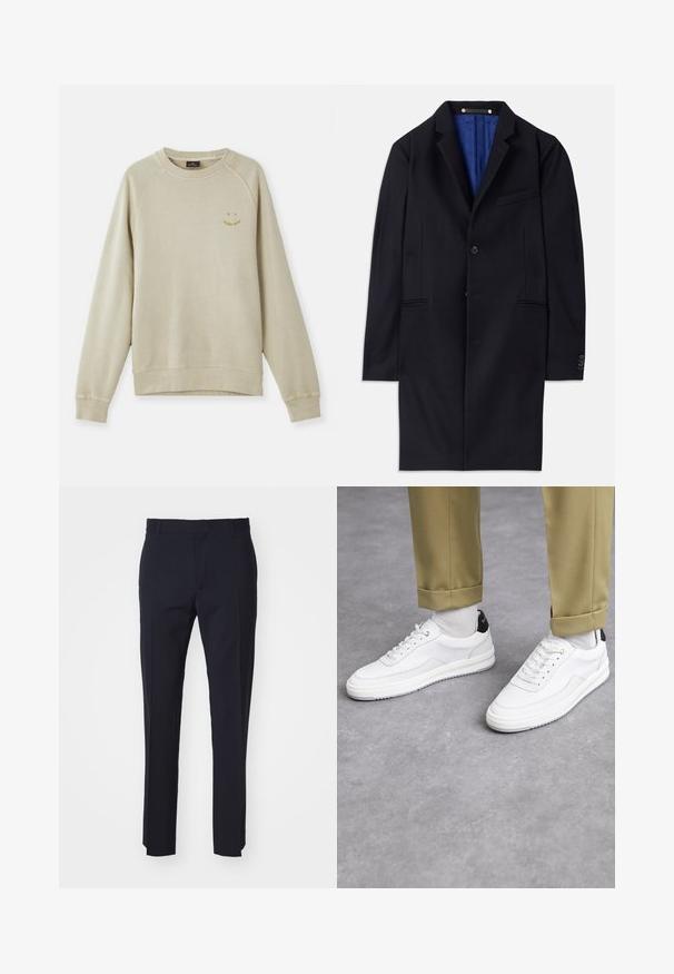 Cappotto di lana blu navy con chiusura a un bottone, revers a banda e due tasche laterali. Presenta una fodera interna blu e dettagli di cucitura minimali.; Felpa beige con polsini e orlo a coste, dotata di maniche raglan e un piccolo logo di faccina sorridente gialla sul petto. Tessuto morbido.; Pantaloni navy su misura realizzati in tessuto intrecciato, con vita piatta, passanti per la cintura e gamba dritta. Nessun motivo o hardware visibile.; Sneaker bianchi con finitura in pelle testurizzata, punta arrotondata e accentuazione nera sul tallone. Suola in gomma con piccolo motivo di battistrada e dettagli cuciti.