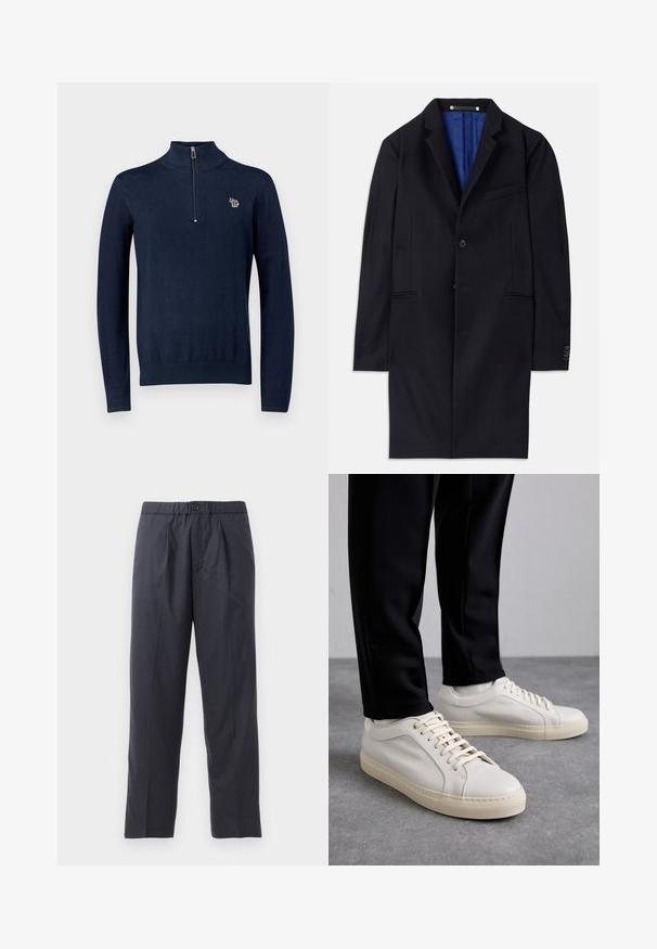 Tengeri gyapjú klasszikus kabát egy gombos záródással, kerekített hajtókákkal és két oldalsó zsebbel. Kék belső bélése van, és minimális varrási részletekkel rendelkezik.; Sötétkék kötött pulóver magas gallérral és félhosszú cipzárral. A mellkason kis hímzett elefántlogóval rendelkezik. Hosszú ujjú.; Sötét tengerészkék nadrág, puha anyagból, plissézett elejű kialakítással és gumis derékkal. Gombos záródással és egyenes szárú szabással rendelkezik.; Világos bézs bőr sportcipő lapos fűzőkkel, texturált felülettel és kontrasztos krémszínű gumitalppal, fekete irodai nadrággal párosítva.