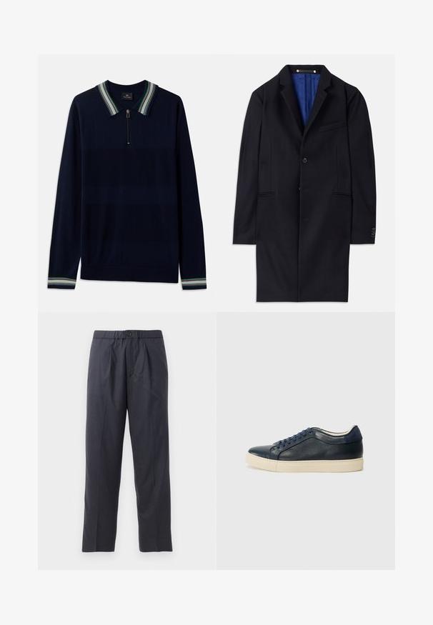 Ναυτικό μαλλί παλτό με κλείσιμο ενός κουμπιού, με αυλακωτές πέτες και δύο πλαϊνές τσέπες. Διαθέτει μπλε εσωτερική επένδυση και ελάχιστες ραφές.; Μακό μπλουζάκι navy blue με μακρύ μανίκι, που διαθέτει μισό φερμουάρ στο λαιμό και ριγέ γιακά με πράσινες, λευκές και μωβ λεπτομέρειες. Μαλακή πλέξη.; Σκούρο ναυτικό παντελόνι από μαλακό ύφασμα με πτυχές στο μπροστινό μέρος και ελαστική μέση. Διαθέτει κούμπωμα με κουμπί και ίσια γραμμή.; Σκούρο μπλε δερμάτινο αθλητικό παπούτσι με κρεμ λαστιχένια σόλα, διαθέτει μπλε κορδόνια και λεία υφή. Στρογγυλή μύτη και μινιμαλιστικός σχεδιασμός.