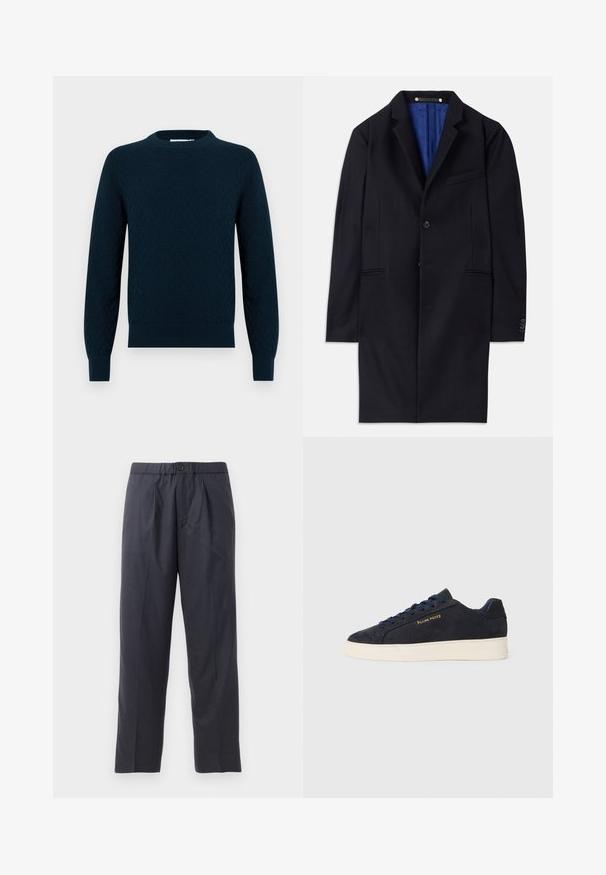 Abrigo de lana marino con cierre de un solo botón, solapas con muesca y dos bolsillos laterales. Cuenta con un forro interior azul y detalles de costura mínimos.; Jersey de punto en azul marino oscuro, con un patrón texturizado. Cuello redondo, mangas largas y puños y dobladillo acanalados. Material suave con un aspecto acogedor.; Pantalones oscuros de color azul marino, hechos de una tela suave, con un diseño de frente plisado y cintura elástica. Cuentan con un cierre de botón y un corte recto.; Zapatilla baja de ante azul marino con suela blanca, cordones azul marino y logo de "Filling Pieces" en dorado en el lateral.