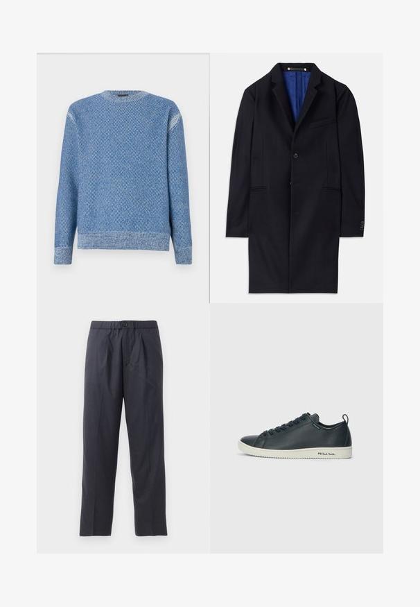 Mornarsko volneno plašč s posameznim zapiranjem na gumb, z zavihki in dvema stranskima žepoma. Ima modro notranjo podlogo in minimalne šivane detajle.; Modra pletena puloverka z teksturiranim vzorcem, okroglo izrezom ter rebrastimi manšetami in robom. Tkanina se zdi mehka z srednjo debelino.; Temno modri hlače iz mehkega materiala z nabranim sprednjim delom in elastičnim pasom. Imajo gumbasto zapiranje in ravno krojene hlačnice.; Temno mornarsko usnjeno teniško obuvalo z gladko površino, okroglo konico, vezalkami s šestimi očesi ter kontrastnim belim gumijastim podplatom. Na strani se nahaja znamčenje.