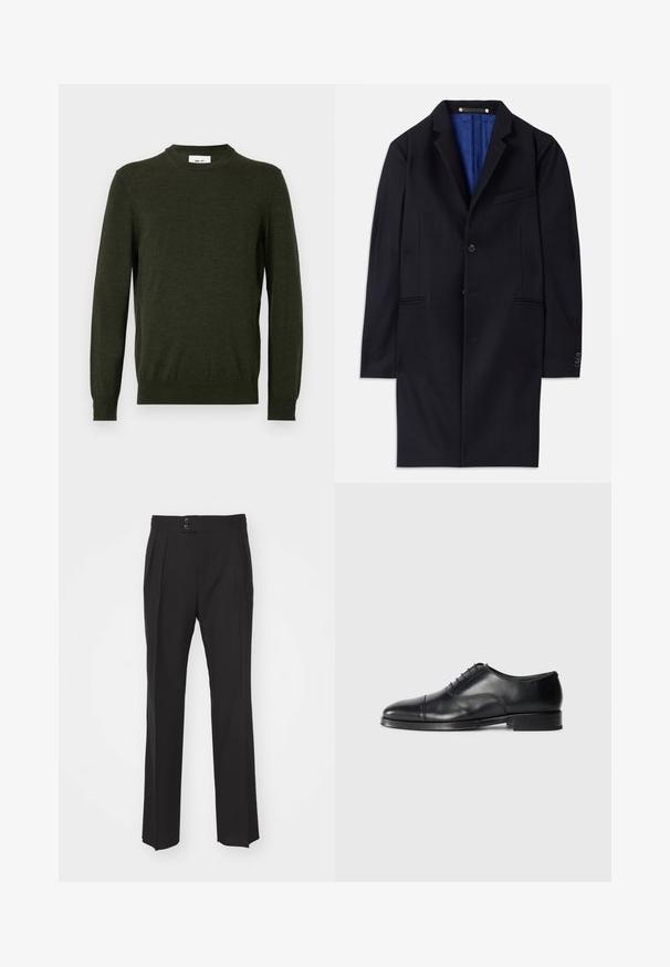 Navy wool overcoat with a single button closure, notched lapels, and two side pockets. Features a blue inner lining and minimal stitching details.; Dark green sweater made from a textured wool blend, featuring a crew neckline and long sleeves, with ribbed cuffs and hem.; Black tailored trousers featuring a straight leg design, two front pockets, and a double-button closure at the waistband. Smooth fabric texture.; Black leather dress shoe with a rounded toe, smooth texture, lace-up design, and a subtle seam detail, featuring a low, flat heel.