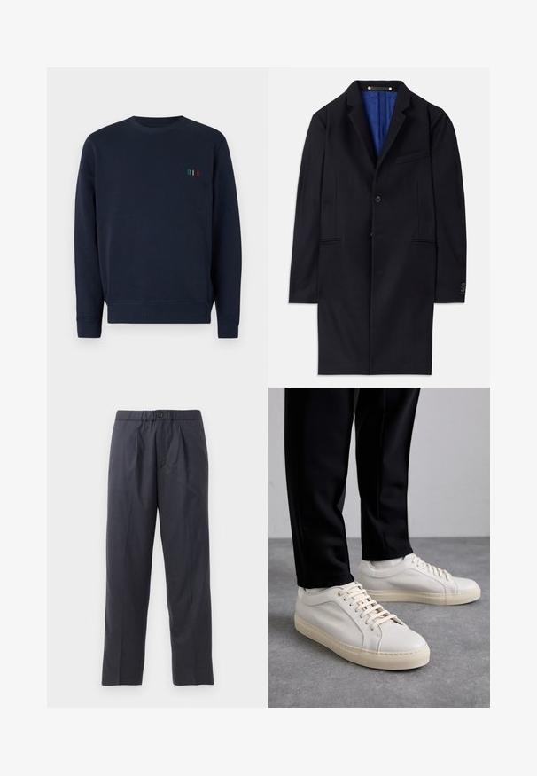 Abrigo de lana marino con cierre de un solo botón, solapas con muesca y dos bolsillos laterales. Cuenta con un forro interior azul y detalles de costura mínimos.; Sudadera de cuello redondo en color navy, hecha de un tejido suave, que presenta un pequeño detalle bordado con cinco rayas verticales en varios colores en el pecho.; Pantalones oscuros de color azul marino, hechos de una tela suave, con un diseño de frente plisado y cintura elástica. Cuentan con un cierre de botón y un corte recto.; Zapatillas de cuero color beige claro con cordones planos, una superficie texturizada y una suela de goma color crema en contraste, combinadas con pantalones negros ajustados.