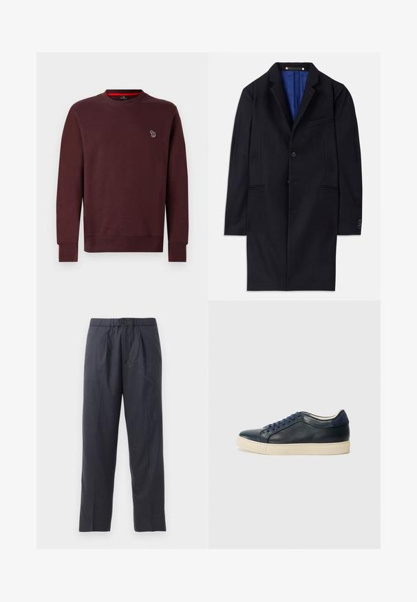 Marineblauwe wol overjas met een enkele knoopsluiting, ingeknipte revers en twee zijzakken. Voorzien van een blauwe binnenvoering en minimale stikdetails.; Bordeaux sweatshirt gemaakt van een zachte katoenmix, voorzien van een ronde hals, geribde manchetten en zoom, en met een klein geborduurd dierenlogo op de borst.; Donkerblauwe broeken van zachte stof met een geplooid voorkantontwerp en een elastische tailleband. Voorzien van een knoopsluiting en een rechte pijp.; Marineblauwe leren sneaker met een crèmekleurige rubbersole, voorzien van blauwe veters en een gladde textuur. Ronde neus en minimalistisch ontwerp.